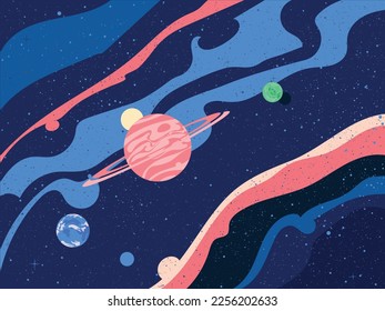 Fantastischer Hintergrund mit Planeten und Sternen vor und dynamischem mehrfarbigem Hintergrund. Großer roter Gasriese mit Ringen vor sich.