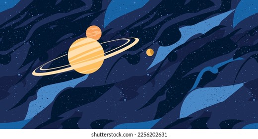 Fantastic universe banner background with planets and stars in front and dynamic multicolor background. . Big yellow gas giant planet with rings in front.