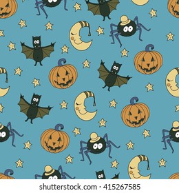 Fantastic unusual seamless halloween pattern with pumpkins, bats, spiders, moons and stars. Can be used for wallpaper, greeting cards, webpage backgrounds, wrapping paper or fabric. 