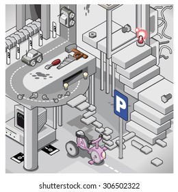 Fantastic urban scene with stairs, miniature cars and tricycle parking lot (isometric illustration)
