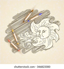 Fantastic vector art with the solar wind in the style of vintage illustration.