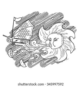 Fantastic vector illustration with the solar wind, cosmic sailing ship, and humans on the umbrella.