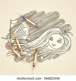 Fantastic vector illustration with the solar wind, cosmic sailing ship, and humans on the umbrella.