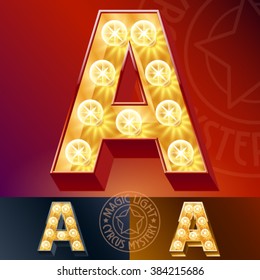 Fantastic vector  light up font with lamp. Letter A