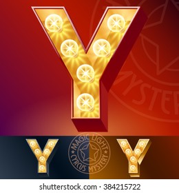 Fantastic vector  light up font with lamp. Letter Y