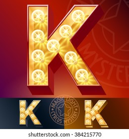 Fantastic vector  light up font with lamp. Letter K