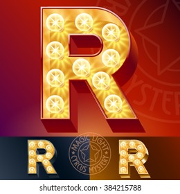 Fantastic vector  light up font with lamp. Letter R