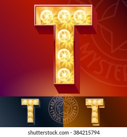 Fantastic vector  light up font with lamp. Letter T