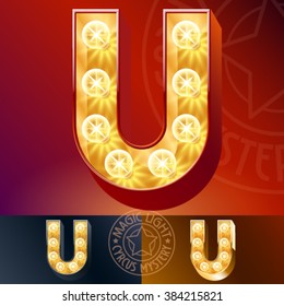 Fantastic vector  light up font with lamp. Letter U