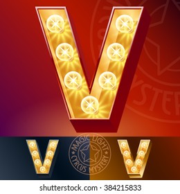 Fantastic vector  light up font with lamp. Letter V