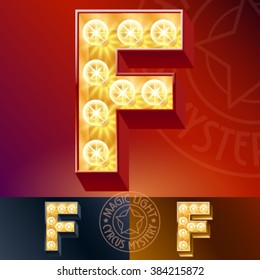 Fantastic vector  light up font with lamp. Letter F
