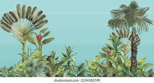 fantastic vector of tropical forest with exotic flowers, leaves, and trees