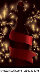 Fantastic view with champagne bottle silhouette decorated with a red ribbon and fireworks display in the background.