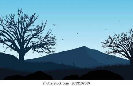 Una fantástica vista de las montañas con siluetas de árboles secos desde el borde de la ciudad al amanecer. Ilustración vectorial de una ciudad