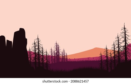Fantastic view of the mountains with dry tree silhouettes from the village at dusk. Vector illustration of a city