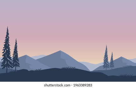 Fantastic view of the mountains from the edge of the city as the sun rises in the morning. Vector illustration of a city