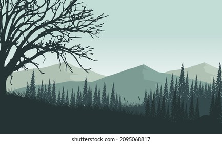 Fantastic view of mountains with forest in the morning from the suburb. Vector illustration of a city