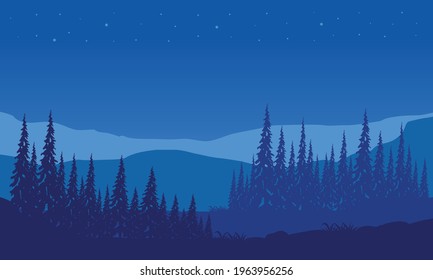 Fantastic view of the mountains with forest at night from the edge of tje city. Vector illustration of a city