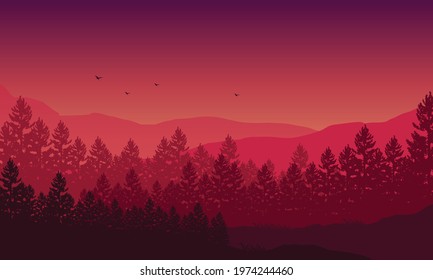 Fantastic view of the mountains with a forest at night from the out of the city. Vector illustration of a city