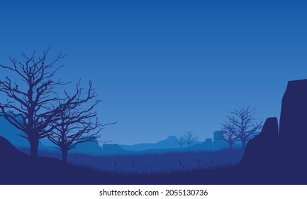 Fantastic view of the mountains at night from the edge of town. Vector illustration of a city