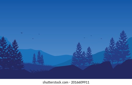 Magníficas vistas de las montañas desde las afueras de la ciudad por la noche. Ilustración vectorial de una ciudad