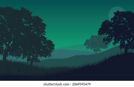 Fantastic view of the mountains with the silhouette of the big trees from the countryside at night. Vector illustration of a city