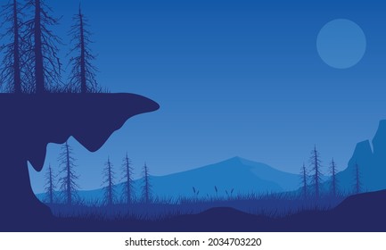 Fantastic view of the mountains with the silhouette of dry trees from the countryside at night. Vector illustration of a city