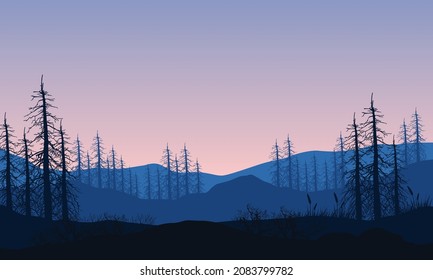 Fantastic view of the mountains with the silhouette of dry trees from the countryside at dusk. Vector illustration of a city