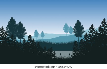 Fantastic view of the mountains with a silhouette of pine trees in the morning from the river bank. Vector illustration of a city