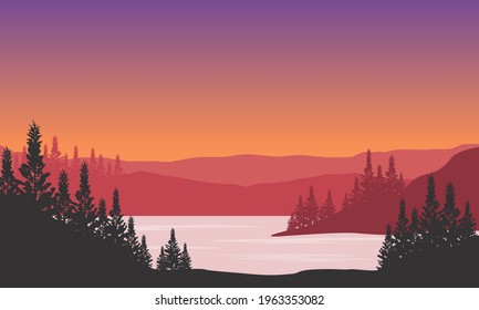 Fantastic view of the mountains and silhouettes of pine trees with starry sky and full moon. Vector illustration of a city