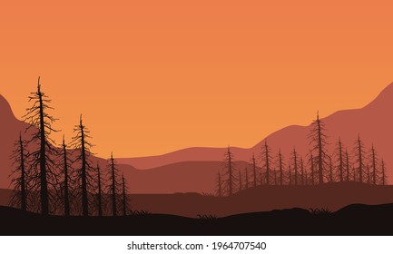 Fantastic view of the mountains from the suburbs at dusk with silhouettes of dry trees around it. Vector illustration of a city