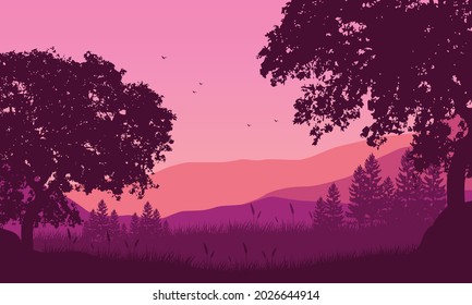 A fantastic view of the mountains with a tree silhouette at sunset from the out of town. Vector illustration of a city