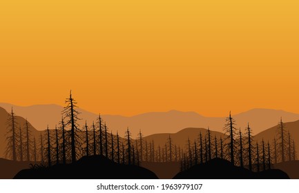 Fantastic views of mountains and dry trees from the edge of the city at twilight. Vector illustration of a city