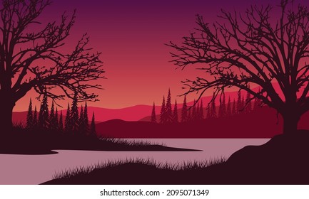 Fantastic views of the mountains from the riverbank at dusk with the silhouettes of the surrounding trees. Vector illustration of a city