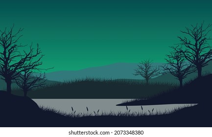 Fantastic views of the mountains from the riverbank at night with the silhouettes of dry trees around. Vector illustration of a city