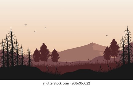 Fantastic views of the mountains with silhouetted trees from the edge of the city at dusk. Vector illustration of a city