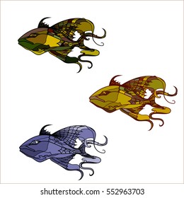Fantastic vintage fish with long mustache in style of cartoons. Set extinct ancient fishs.