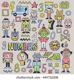 Fantastic Wacky Doodle Numbers Characters Set 2. Color Hand Drawn Vector Illustration.