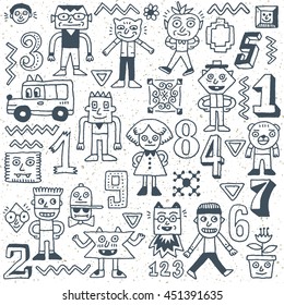 Fantastic Wacky Doodle Numbers Characters Set 1. Hand Drawn Vector Illustration. 