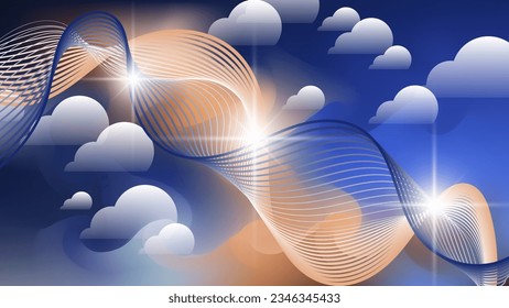 Fantastic wallpaper in beige blue tones. Flashes of light, intertwining wavy lines against a backdrop of overlapping abstract shapes and mixing colors. Vector.