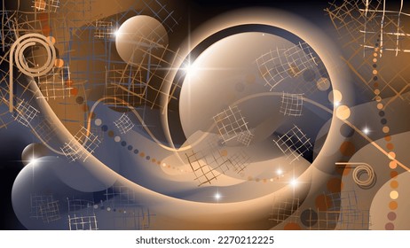 Fantastic wallpaper in beige and brown tones. Translucent spheres, wavy and swirling stripes, overlapping abstract shapes, highlights and glows against a textured background and color mixing. Vector.