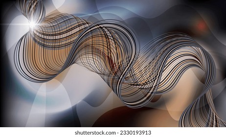 Fantastic wallpaper. A flash of light, intertwining multi-colored wavy lines against a background of overlapping abstract translucent shapes with smooth edges and mixing colors. Vector.