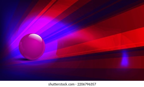 Fantastic wallpaper in red and blue tones. A shiny ball in the rays of light in a dark space. Vector.