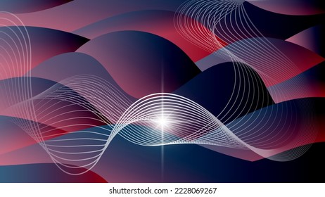 Fantastic wallpaper in ruby azure tones. A flash of light, intertwining wavy lines against a backdrop of overlapping abstract flowing shapes. Vector.