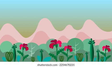 Fantástico fondo de pantalla para tablet, computadora de escritorio como fondo. Flores, cactus, árboles, puesta de sol, colinas, montañas en suaves colores. Flores rojas y brillantes Plantilla moderna de diseño progresivo.