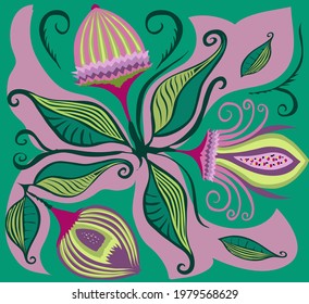 Fantastic walnut tree flower. Decorative design.