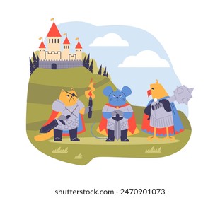Fantastic war animals in armor, armed with mace and sword: cat, mouse and parrot against the background of an ancient castle. Vector illustration of a fairy tale