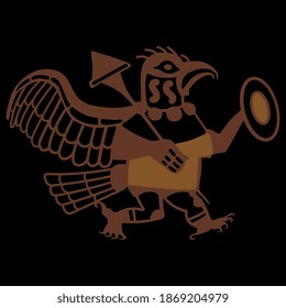 Fantástico ave guerrera con escudo y macia. Antiguo arte peruano de indios moche o mochica.