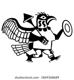 Fantastic warrior bird with shield and mace. Ancient Peruvian art of Moche or Mochica Indians. Black and white silhouette.