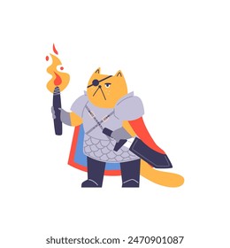Eine fantastische Kriegerkatze mit einer schwarzen Augenklappe in Rüstung, bewaffnet mit einer Fackel und einem Schwert auf weißem Hintergrund. Vektorgrafik Cartoon Illustration mit Spielfiguren.